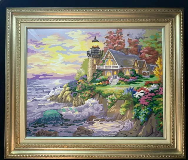 Framed Paint-By-Number Painting of Lighthouse and Cottage (Completed)