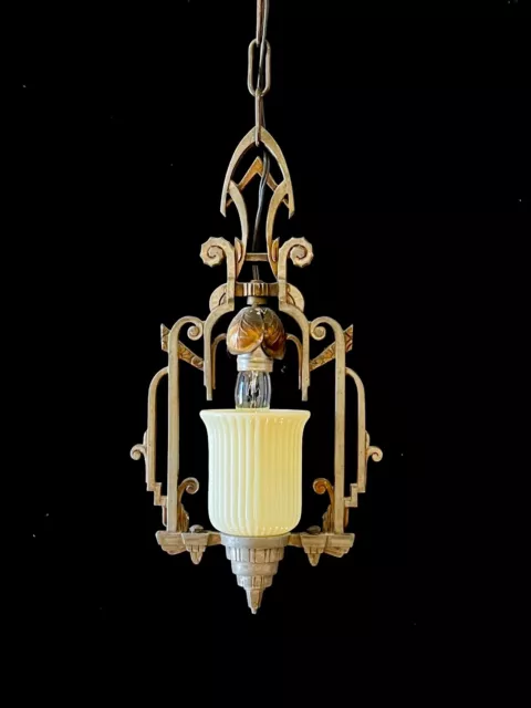 ANTIQUE original ART DECO LINCOLN URANIUM SHADE fab ceiling canopy CHANDELIER