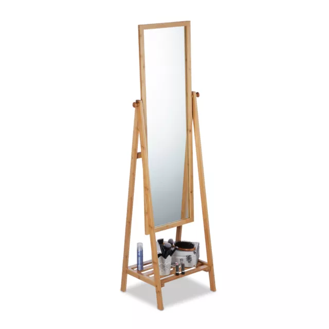 Miroir sur pied en bambou inclinable Glace de salle de bains dressing étagère