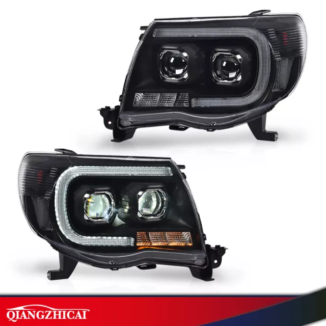 Dual LED Tube Projector Headlights Headlamps Black Fit For Toyota Tacoma 05-11