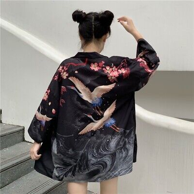 Women Loose Japanese Kimono Coat Yukata Outwear Cardigan Top Retro Casual Crane