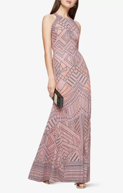 Nwt 395 Bcbg Maxazria Dress Long Gown Burn Out Mesh 2 4 Xs S Antique Pink Black 2