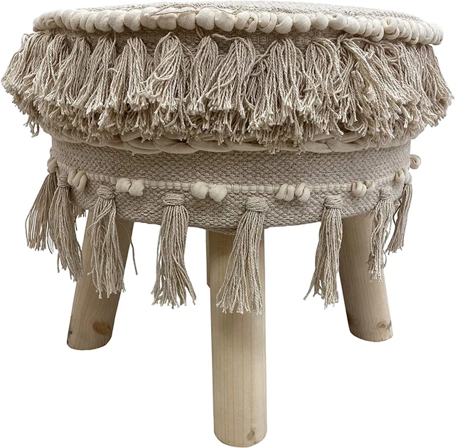 LR Home Ivory Textured and Fringed Bohemian Stool