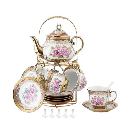 La Famiglia E Ufficio Teiera di Vetro Riscaldata ufengke 6 Pezzi Set da tè Floreale Moderno Europeo Motivo Lavanda Servizio da tè Bone China Set da caffè per Regalo 