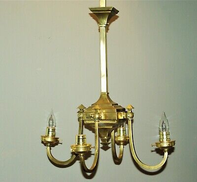 BRASS 4 ARM MISSION ARTS & CRAFTS CHANDELIER Converted Gas Ceiling Light Fixture