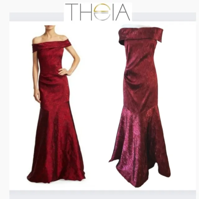 Theia Gown  , Sz 4, Wine Red, Jacquard, Off Shoulder, Mermaid / Trumpet