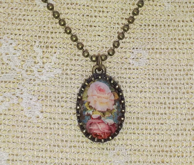 Michal Negrin Necklace Oval Roses Cabochon Cameo Pendant Chain Victorian Flowers