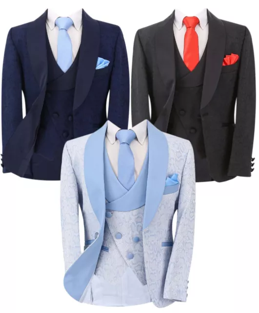 Boys Tuxedo Patterned Suit Slim Fit Page Boy Wedding Formal 3 Piece Set