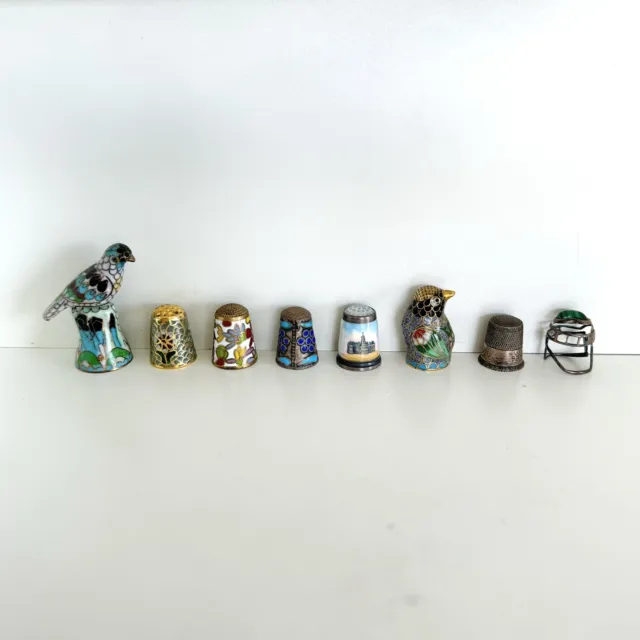 Vintage Sewing Thimble Lot Of  8 Cloisonne Guilloche Enamel Brass Silver