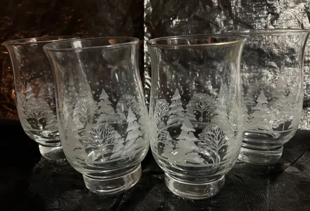 4 Vntg Arby’s Christmas Holiday Tulip Tumbler Glasses Etched Frosted Libbey USA