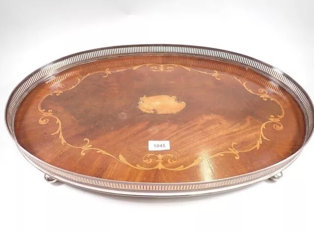 Large antique inlaid mahogany oval galleried butler's serving  tray, @1910