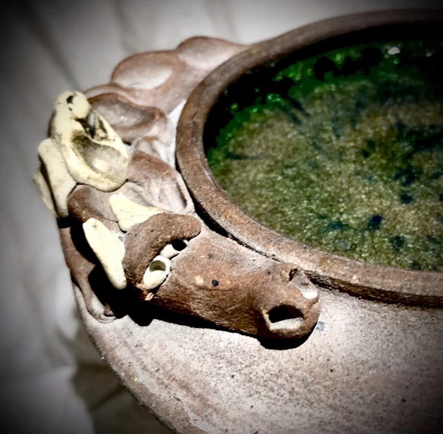 Rare 70’s Pottery Ashtray / Candle Holder Medieval Winged Dragon Green & Browns