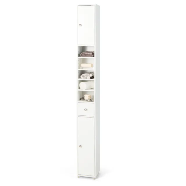 White Slim Bathroom Storage Cabinet 180cm Tall Floor Cabinet Cupboard w/ 2 Doors