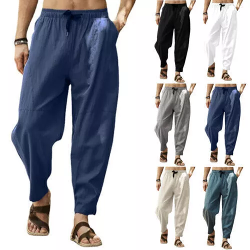 Mens Baggy Cotton Linen Casual Trousers Wide Leg Elastic Waist Loose Harem Pants