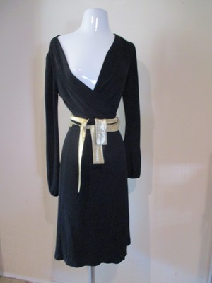DVF Diane Von Furstenberg black stretch wrap gold tie dress  sz 8
