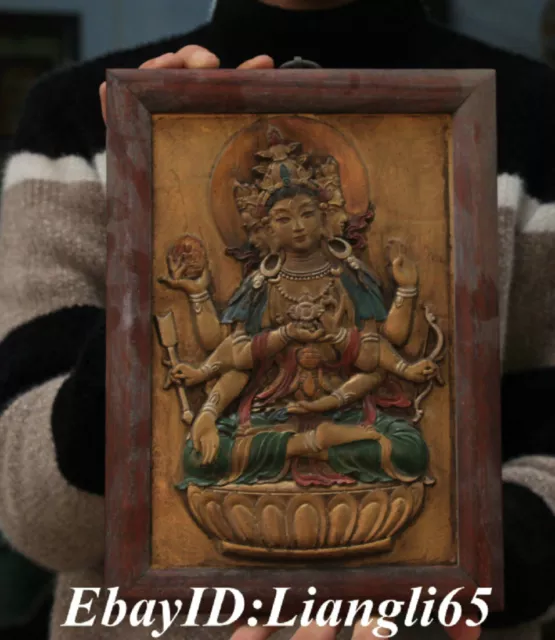 11 "Holz Kupfer Tibet 3 Kopf 8 Arme Guanyin Kwan-Yin Buddha Thangka Wandbehang
