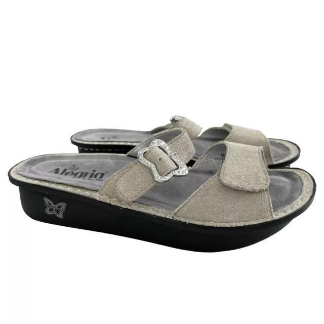 Alegria Mariposa Soft Pewter Suede 2 Strap Wedge Slide Sandals Women’s Size US 9