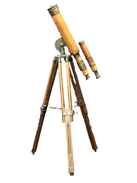 Vintage Brass And Wood  Nautical Telescope Spyglass On 14” To 22” Tripod