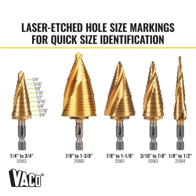 Klein Tools 25963 Step Drill Bit, Spiral Double-Fluted, 1/4" to 3/4", VACO 6
