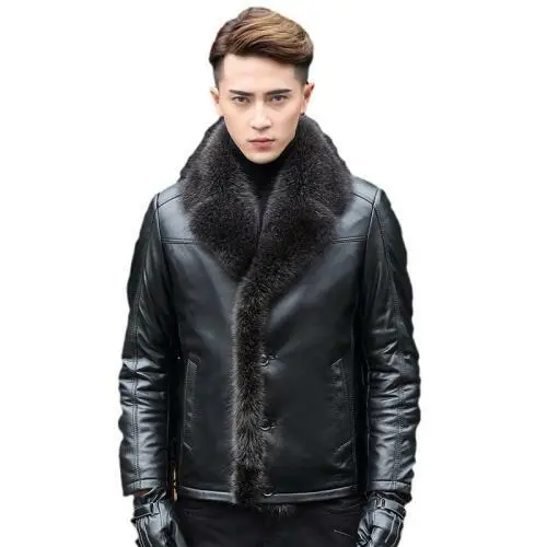 Mens Real Leather Fur Collar Jacket Thick Winter Fur Coat Single Breasted 6XL L