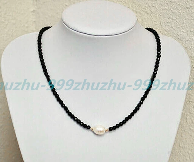 Faceted 3mm Bright Black Spinel Gems & 9-10mm White Baroque Pearl Necklace 18''