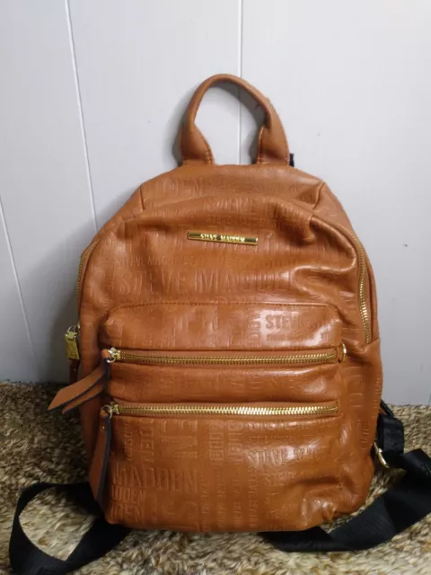 Steve Madden Purse Handbag Small Backpack Brown Faux Leather Gold Zippers 13×10"