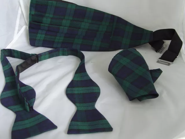 (A) TARTAN Black Watch Polyester Self-tie Bow tie + Cummerbund and Hankie Set