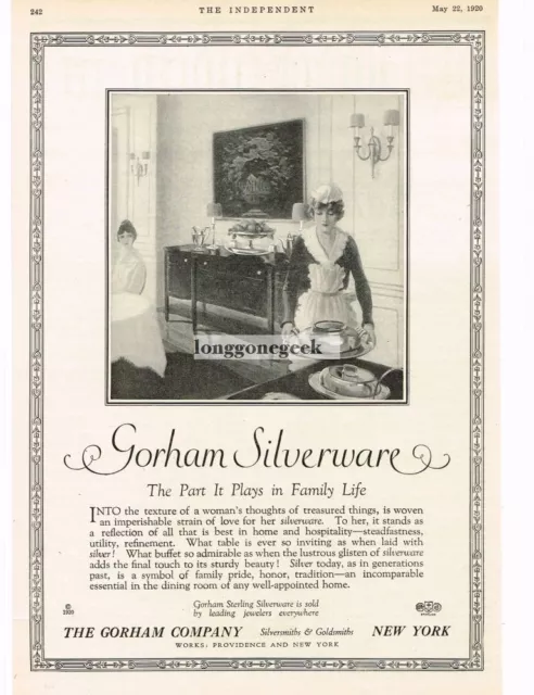 1920 Gorham Silverware Maid Serving Dinner art Vintage Ad