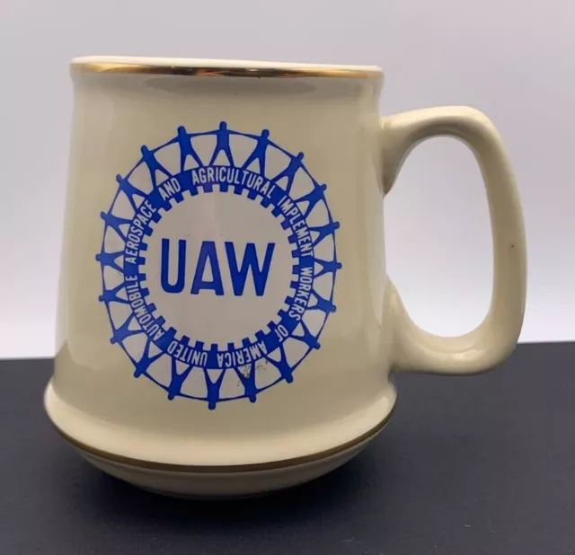 UAW United Auto Workers American Labor Union Logo Ceramic Coffee Mug Gold Trim