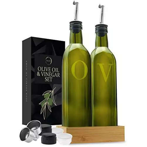 Olive Oil Dispenser Bottle Set of 2 With Wood Tray 17 Oz Glass Oil and Vinegar