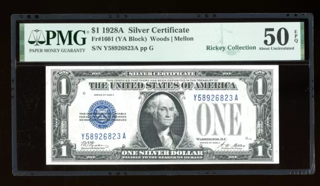 DBR 1928-A $1 Silver Funnyback Fr. 1601 YA Block PMG AU-50 EPQ Serial Y58926823A