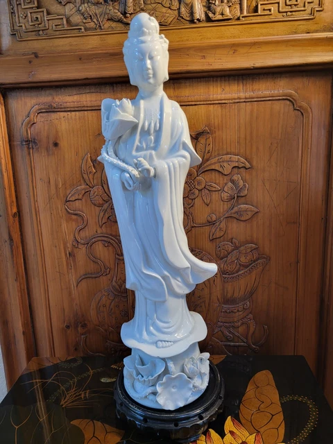 Quan Yin White Blanc de Chine Porcelain Lotus Sculpture 18.5". Signed.