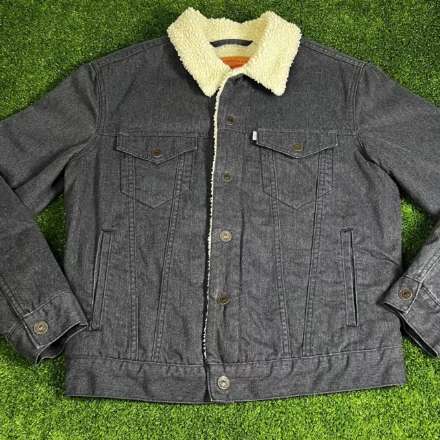 Men's Small Levis Sherpa Fleece Lined Trucker Denim Jean Work Dark Blue Jacket Men's Small Levis Sherpa Fleece Lined Trucker Denim Jean Work Dark Blue Jacket