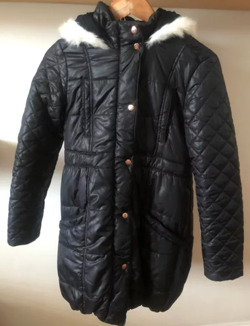 Girls Ted Baker Black Padded Coat With Fur Trimmed Hood Age 14