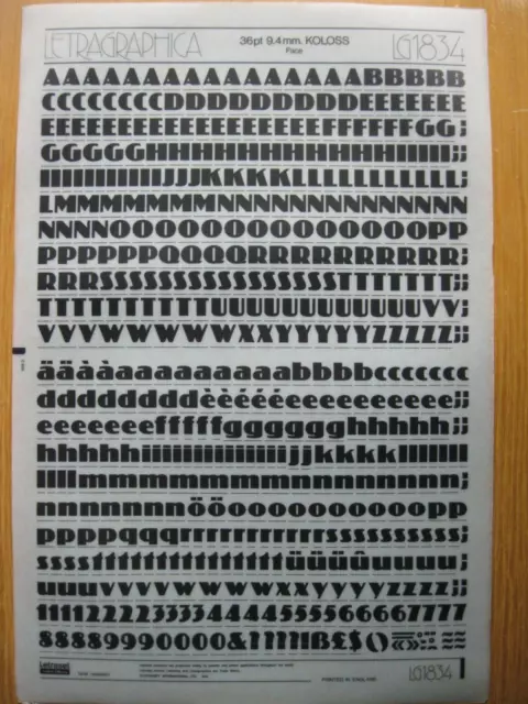 1 x Letraset Upp/Low Case & Num KOLOSS 9,4 mm 36pt Blatt LG1834 (R)