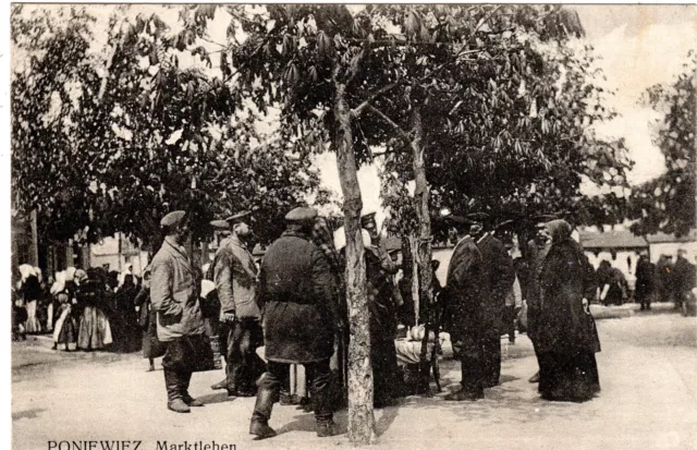 AK Poniewiez Litauen Soldaten Marktleben  1916 Feldpost 216 WK1 Militär Panje