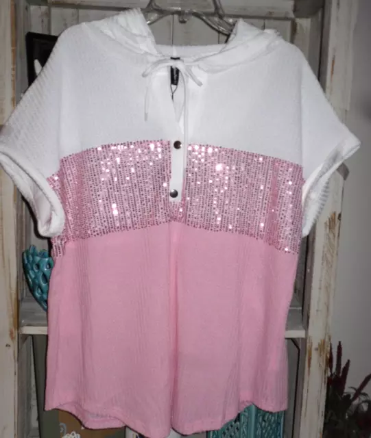 Pink & White Sequined Waffle Knit Hoodie W/Cap Sleeves Size Xl *Nwt*