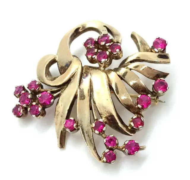 Antique Art Deco French 9ct Gold-Plated Silver Ruby Stone Flower Spray Brooch