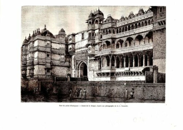 Gravure Sur Bois 1864 Cour Du Palais D' Oudeypour Inde Dessin De Clerget