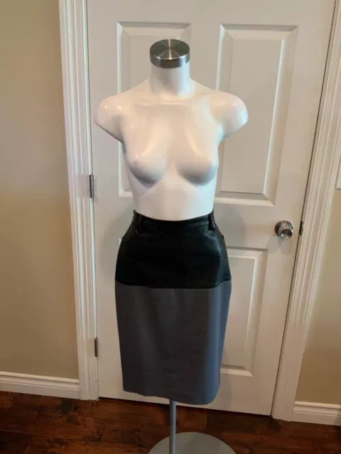 Jean Paul Gaultier Femme Gray Pencil Skirt w/ Black Leather Panel, Size 6