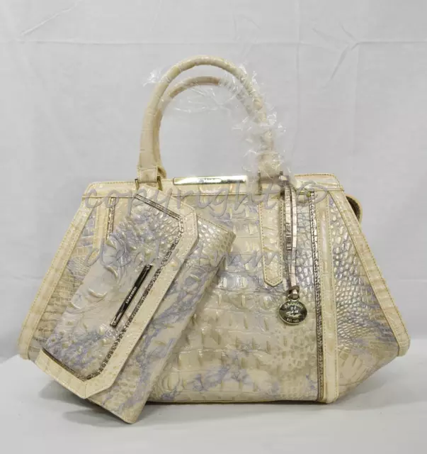 SET Brahmin Arden Satchel/Shoulder Bag + Checkbook Wallet Topaz Alma Tri-Texture