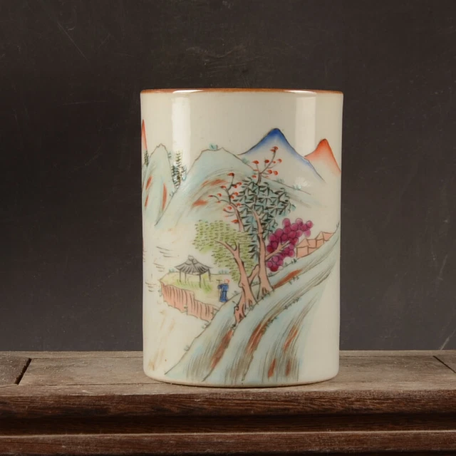 4.7" Collect Famille Rose Porcelain Hand Painting Mountain Water Grain Brush Pot