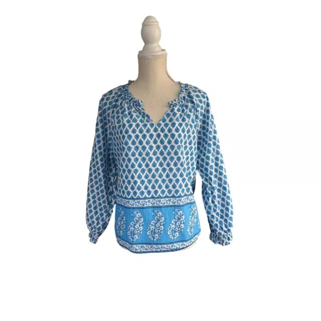 JCrew Shirt Womens Large Petite Blue Poplin Peasant Top V-neck Blouson Sleeve