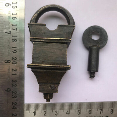 18th C brass padlock or lock with key trick or puzzle, OLD or ANTIQUE
