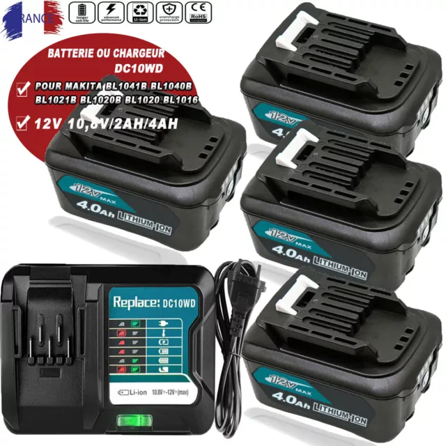 Makita Batterie 12V 10.8V 4Ah BL1021B BL1041B BL1020 1016 1015 Lithium Chargeur