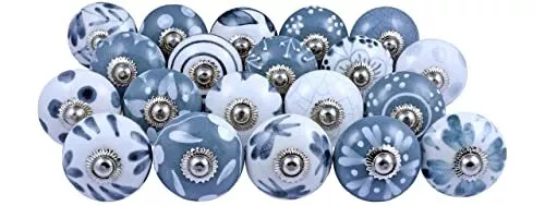 20 Knobs Grey & White Cream Hand Painted Ceramic Knobs Cabinet Drawer Pull Pulls