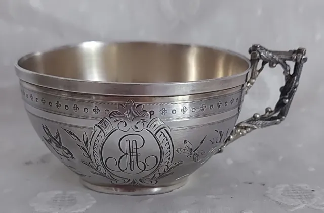 Victorian French silver bay cup, with sparrow and flowers.