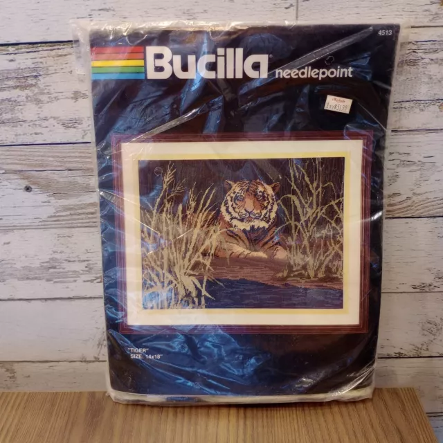 Kit de punto de cruz tigre con aguja Bucilla talla 14x18" 4513 nuevo sin abrir vintage