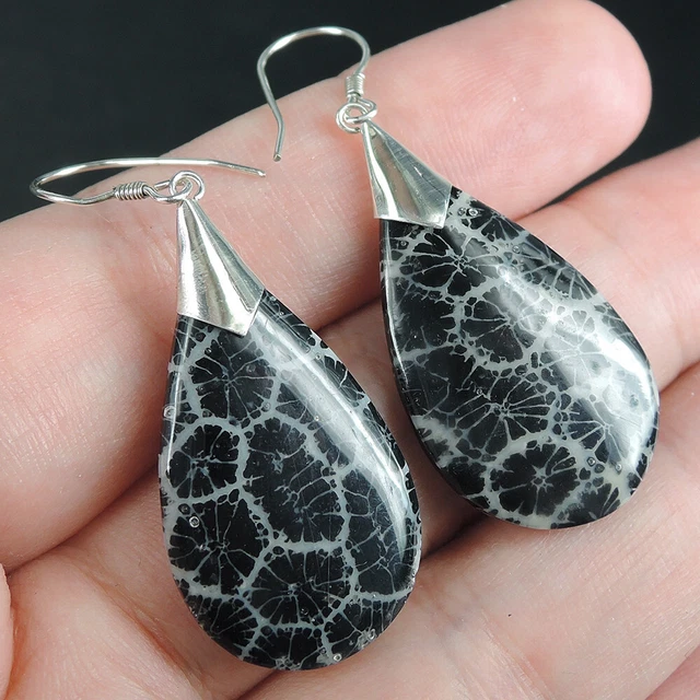 925 Sterling Silver Teardrop Shape Black Natural Coral Earrings Jewelry, RCE-101
