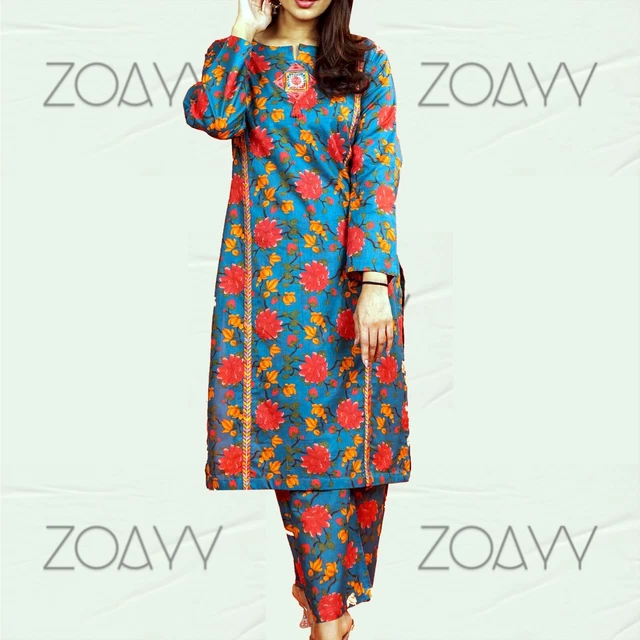 Zoayy Summer Cotton Digital Printed/Embroidered Kurta/Trouser Blue 2pc Readymade